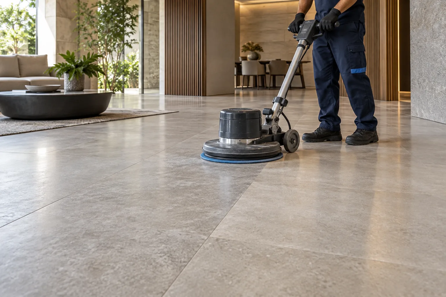 Equipamento profissional em processo de limpeza de piso de porcelanato